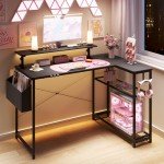Dowinx L-Shaped Gaming Desk Cute with Cat Accessories, Built-in Power Outlet, Monitor Shelf, and Side Storage – Sturdy Metal Frame for Gamers and Home Office, 43-Inch, Black&Pink