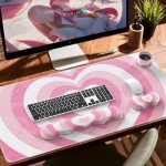 iLeadon Keyboard Mouse Pad Set, Large Gaming Mouse Pad + Keyboard Wrist Rest + Mouse Pad with Wrist Support + Coaster, Easy Typing Pain Relief, Desk Mat Set, Valentines Day Gifts for Her, Pink Heart