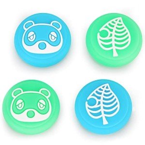 Tscope Cute Thumb Grip Caps for Nintendo Switch/Lite/OLED Controller, for Animal Crossing Kawaii Leaf Joystick Analog Soft Silicone Button Stick Covers for NS Joy Cons (Leaf Raccoon)
