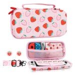 HYPERCASE Pink Strawberry Carrying Case Compatible with Nintendo Switch/OLED, Portable Travel Accessories Bundle for Switch Console with 10 Game Card Slots, Shoulder Strap and 2 Cute Thumb Caps