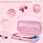 HYPERCASE Pink Strawberry Carrying Case Compatible with Nintendo Switch/OLED, Portable Travel Accessories Bundle for Switch Console with 10 Game Card Slots, Shoulder Strap and 2 Cute Thumb Caps