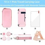 OLDZHU Pink Travel Carrying Case Accessories Kit Compatible With Nintendo Switch - 10 in 1 Essential Protection Kits with Hard Protective Cover,Glass Screen Protector,Adjustable Stand,Thumb Grip Caps