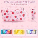 HYPERCASE Pink Strawberry Carrying Case Compatible with Nintendo Switch/OLED, Portable Travel Accessories Bundle for Switch Console with 10 Game Card Slots, Shoulder Strap and 2 Cute Thumb Caps