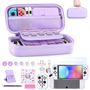 innoAura Switch OLED Case 19-in-1 Bundle with Carrying Case, Game Organizer, Screen Protector, Stand and Thumb Grips (Purple)