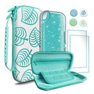 TIKOdirect Carrying Case for Switch lite, Shockproof Portable Travel Bag with Glitter Galaxy cover, Screen Protectors and Cute Leaf Thumb Grips Caps, Animal Crossing Green