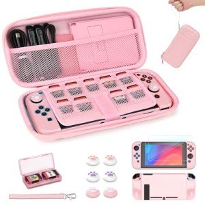 Younik Switch Case for Switch 2017, Portable Switch Carrying Case, 14 in 1 Accessories Kit with Switch Case, Cover, Screeen Protector, Thumb Grip Cap, Game Card Case and Strap (Pink, Button Pattern)