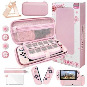HLRAO Pink Travel Carrying Case Accessories Kit Compatible with Nintendo Switch OLED.Pink Switch OLED Hard Protective Cover,Adjustable Stand,Screen Protector & Cute Thumb Grips 10 in 1 Gift.