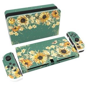 PlayVital Full Set Protective Stickers for Nintendo Switch OLED Model, Customized Vinyl Decal Skins for Switch OLED Console & Joycon & Dock & Grip - Sunflowers