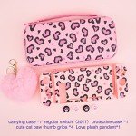 DLseego Pink Love Leopard Carrying Case for Switch, Cute Silicone Protective Case Soft Cover with 4PCS Thumb Grip Caps and Pink Plush Heart Pendant Hard Storage Case Accessories Kit Bundle for Girls