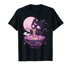 Pastel Goth Aesthetic Kawaii Creepy Cat Eating Ramen Noodles T-Shirt