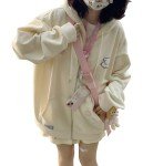 OATSBAS Kawaii Zip Up Hoodie Women Cute Cartoon Embroidery Oversized Pullover Sweatshirt Harajuku Kawaii Hooded Top (Small,Beige-Thick)