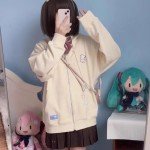 OATSBAS Kawaii Zip Up Hoodie Women Cute Cartoon Embroidery Oversized Pullover Sweatshirt Harajuku Kawaii Hooded Top (Small,Beige-Thick)