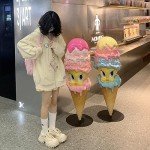 OATSBAS Kawaii Zip Up Hoodie Women Cute Cartoon Embroidery Oversized Pullover Sweatshirt Harajuku Kawaii Hooded Top (Small,Beige-Thick)