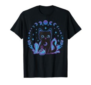 Black Witchy Cat Crystals Gothic Women Kawaii Pastel Goth T-Shirt