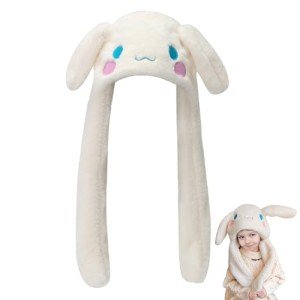 Maikerry Anime Stuff Dog Moving Ear Jumping Bunny Hat,Kawaii Fluffy Plush Beanie Cap,Cartoon Warm Winter Hat for Women Girls White