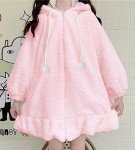 BZB Kawaii Anime Bunny Ear Hoodies For Women Sweet Lovely Fuzzy Fluffy Rabbit Sweater Tops Cosplay Jacket Coats Pink
