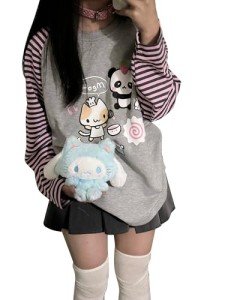 Dynict Y2k Cute Sweatshirts for Women Harajuku Kawaii Striped Sweatshirts Cartoon T-shirts (Medium,Gray)