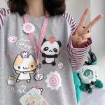 Dynict Y2k Cute Sweatshirts for Women Harajuku Kawaii Striped Sweatshirts Cartoon T-shirts (Medium,Gray)