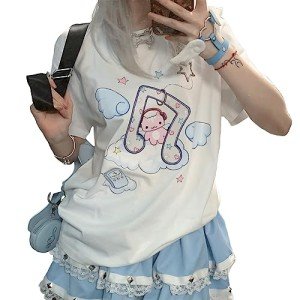 RILGOU Harajuku Style Pastel Kawaii Gothic Clothes Casual Crewneck Soft Cartoon Cute Cat Music Angel Print T-Shirt M White