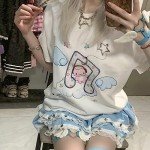 RILGOU Harajuku Style Pastel Kawaii Gothic Clothes Casual Crewneck Soft Cartoon Cute Cat Music Angel Print T-Shirt M White