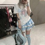RILGOU Harajuku Style Pastel Kawaii Gothic Clothes Casual Crewneck Soft Cartoon Cute Cat Music Angel Print T-Shirt M White