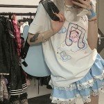 RILGOU Harajuku Style Pastel Kawaii Gothic Clothes Casual Crewneck Soft Cartoon Cute Cat Music Angel Print T-Shirt M White