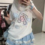 RILGOU Harajuku Style Pastel Kawaii Gothic Clothes Casual Crewneck Soft Cartoon Cute Cat Music Angel Print T-Shirt M White
