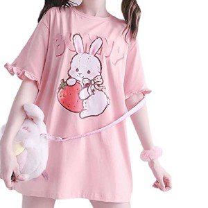 Lumber Star Women's Japanese Cute Lolita Pink T-Shirt Summer Kawaii Strawberry Rabbit Print Ruffle T-Shirt