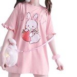 Lumber Star Women's Japanese Cute Lolita Pink T-Shirt Summer Kawaii Strawberry Rabbit Print Ruffle T-Shirt