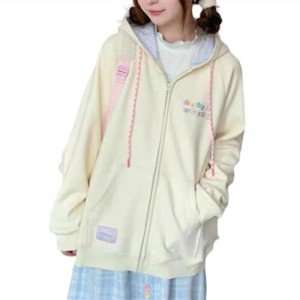 CEINOM Women Kawaii Zip Up Hoodie Y2K Girly Cute Hooded Jacket Oversize Japanese Harajuku Sweet Embroidery Outerwear Hoodies (Beige,Medium,Medium)
