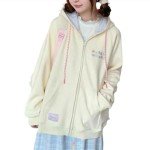 CEINOM Women Kawaii Zip Up Hoodie Y2K Girly Cute Hooded Jacket Oversize Japanese Harajuku Sweet Embroidery Outerwear Hoodies (Beige,Medium,Medium)
