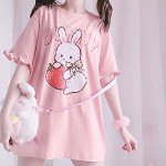 Lumber Star Women's Japanese Cute Lolita Pink T-Shirt Summer Kawaii Strawberry Rabbit Print Ruffle T-Shirt