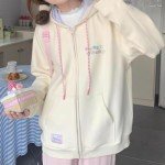 CEINOM Women Kawaii Zip Up Hoodie Y2K Girly Cute Hooded Jacket Oversize Japanese Harajuku Sweet Embroidery Outerwear Hoodies (Beige,Medium,Medium)