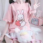 Lumber Star Women's Japanese Cute Lolita Pink T-Shirt Summer Kawaii Strawberry Rabbit Print Ruffle T-Shirt