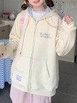 CEINOM Women Kawaii Zip Up Hoodie Y2K Girly Cute Hooded Jacket Oversize Japanese Harajuku Sweet Embroidery Outerwear Hoodies (Beige,Medium,Medium)