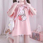 Lumber Star Women's Japanese Cute Lolita Pink T-Shirt Summer Kawaii Strawberry Rabbit Print Ruffle T-Shirt