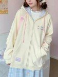 CEINOM Women Kawaii Zip Up Hoodie Y2K Girly Cute Hooded Jacket Oversize Japanese Harajuku Sweet Embroidery Outerwear Hoodies (Beige,Medium,Medium)