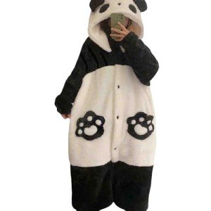Hoodie Plush Cartoon Warm Pajama Kawaii Cute Pattern Pocket Pajama Women's Button Bathrobe (Panda,Large)