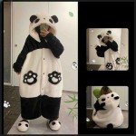 Hoodie Plush Cartoon Warm Pajama Kawaii Cute Pattern Pocket Pajama Women's Button Bathrobe (Panda,Large)