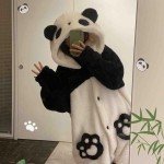 Hoodie Plush Cartoon Warm Pajama Kawaii Cute Pattern Pocket Pajama Women's Button Bathrobe (Panda,Large)