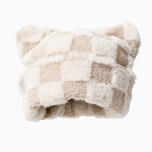 Cute Cat Ear Square Fuzzy Beanie,Y2K Winter Funny Kawaii Cat Fluffy Hat with Ear for Women,Plush Comfortable Pullover Hat,Winter Plus Velvet Warm Windproof Ear Protection Cute Fashion Plaid Pattern