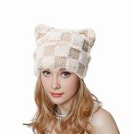 Cute Cat Ear Square Fuzzy Beanie,Y2K Winter Funny Kawaii Cat Fluffy Hat with Ear for Women,Plush Comfortable Pullover Hat,Winter Plus Velvet Warm Windproof Ear Protection Cute Fashion Plaid Pattern
