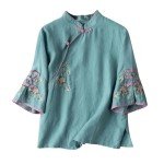 TANGNADE Plus Size Linen Tops Summer 3/4 Sleeve Chinese Frog Blouses Traditional Mandarin Embroidered Jacquard Shirts Boho Clothes for Women Blue 4X