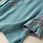 TANGNADE Plus Size Linen Tops Summer 3/4 Sleeve Chinese Frog Blouses Traditional Mandarin Embroidered Jacquard Shirts Boho Clothes for Women Blue 4X