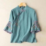 TANGNADE Plus Size Linen Tops Summer 3/4 Sleeve Chinese Frog Blouses Traditional Mandarin Embroidered Jacquard Shirts Boho Clothes for Women Blue 4X