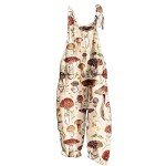 Basysin Overalls for Women Kawaii Cute Cartoon Mushroom Hedgehogs Printed Jumpsuits Womens Plus Size Fall Romper Pattern Loose Jumpsuit 01-Khaki