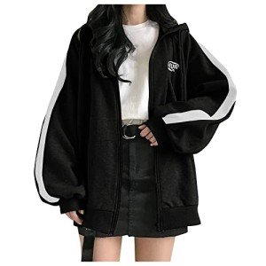 Womens Zip Up Hoodie Oversized Plus Size Cute Grunge Aesthetic Y2K Hoodie for Teen Girls Vintage Baggy Sweatshirts Preppy Clothes Emo Sweater Jacket Fall Outfits for Women 2024 Black