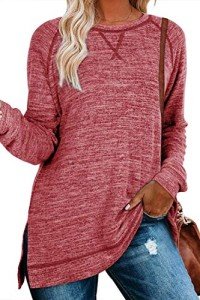 NEYOUQE Womans Tshirts Plus Size Fall Fashion Sweaters Jacket Winter Running Kawaii Aesthetic House Dresses for Women with Pockets Long Sleeve Smocks for Women Thermal Beach wear Cloths Red XL