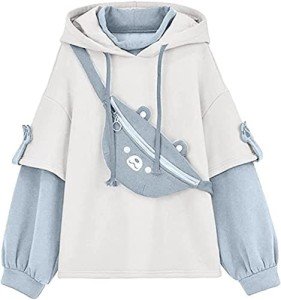 DORTUMA Lightweight Hoodies for Women Kawaii Clothes Teen Girls Oversized Hoodie with Bear Bag Cute Sweatshirt Black
