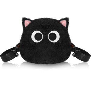 Mixweer Crossbody Bag Cute Plush Purse Backpack Kawaii Wallet Girls Cartoon Animal Lolita Bag with Chain Strap (Black Cat)